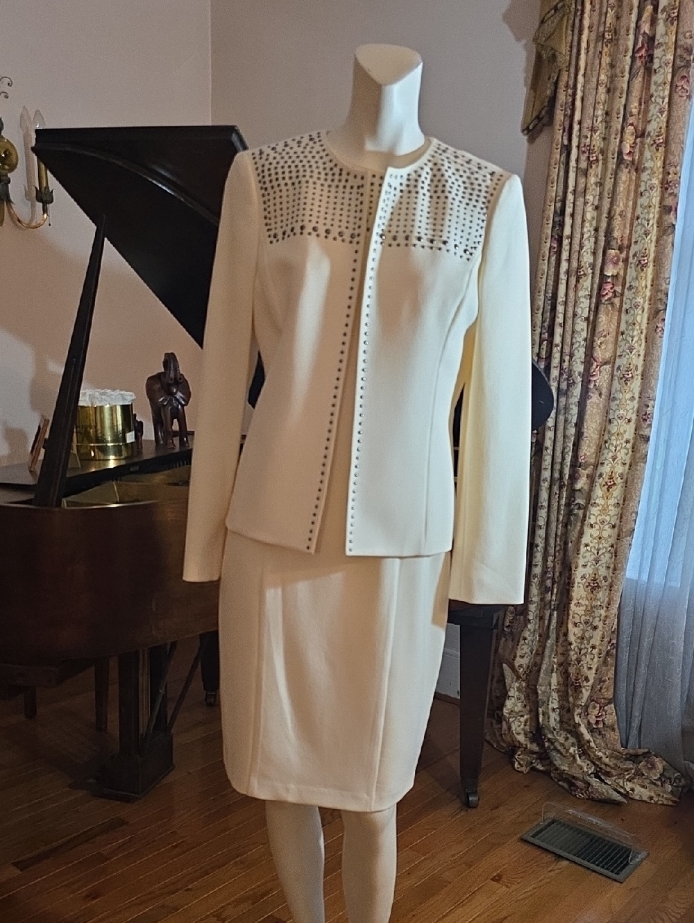 Kasper Cream Studded Midi Dress and Jacket Set